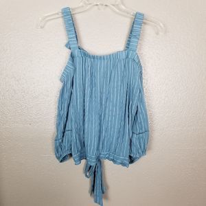 Twine & String Blue Stripe Cold Shoulder Top M